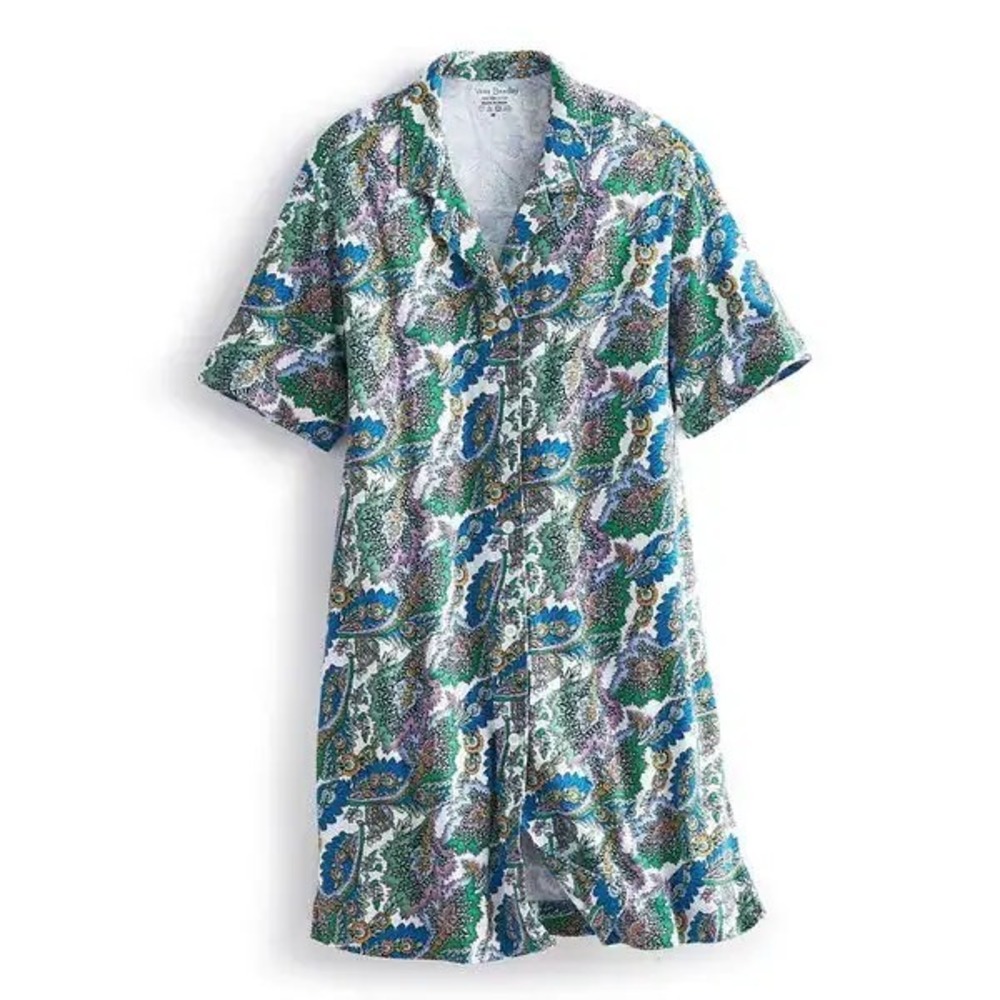 Vera Bradley White Multicolor Flowers + Feathers Button Up Night Dress Size S